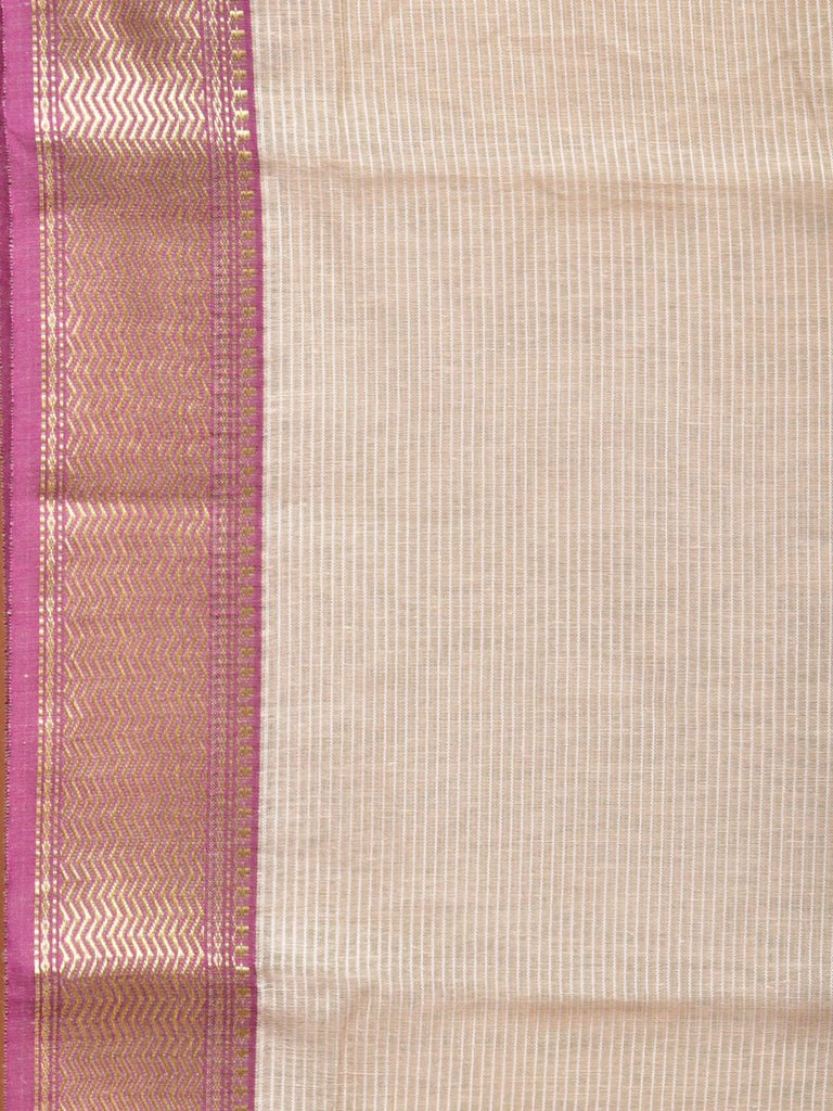 Cream and Purple Bamboo Cotton Saree with Strips Design No Blouse bc0180