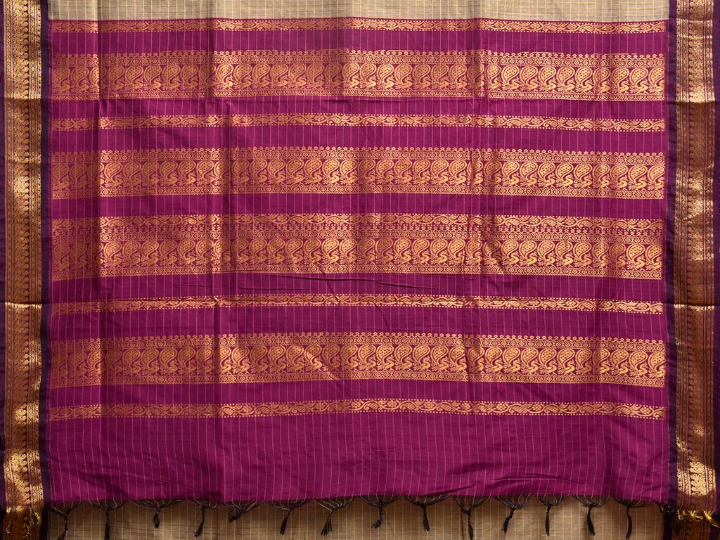 Cream and Purple Gadwal Cotton Viscose Saree with Checks and Pallu Design g0594