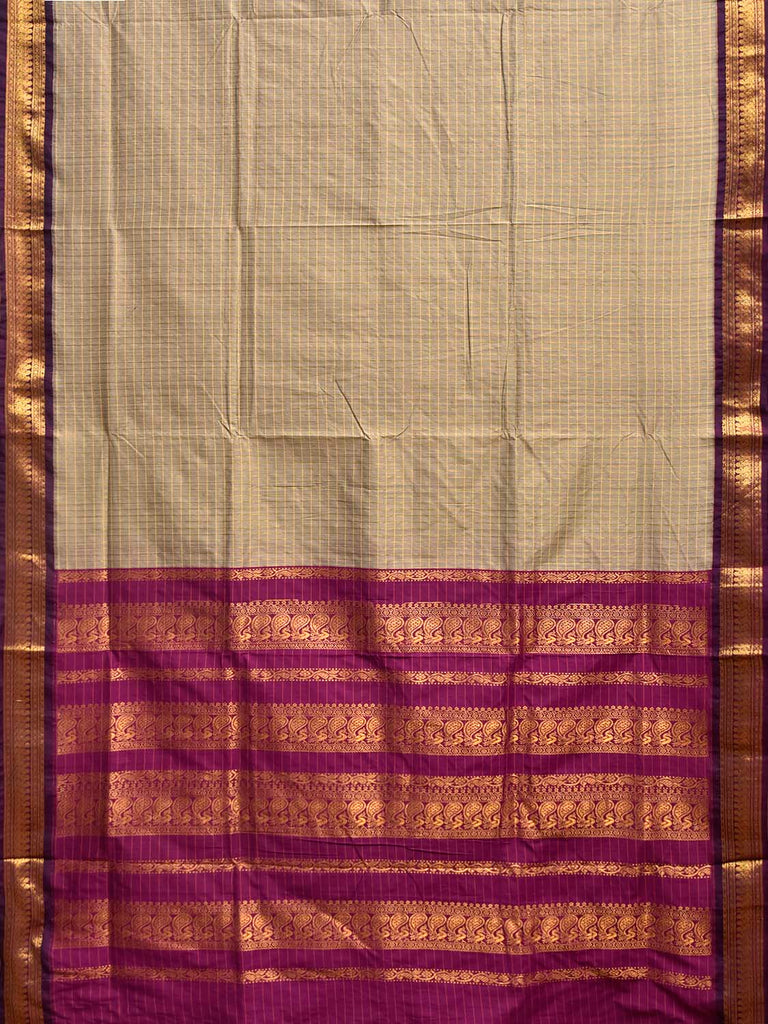 Cream and Purple Gadwal Cotton Viscose Saree with Checks and Pallu Design g0594