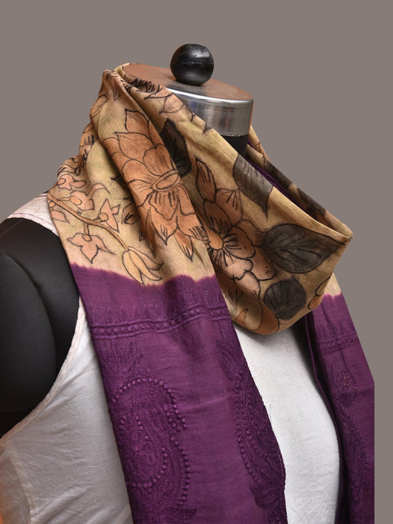 Cream and Purple Kalamkari Hand Painted Sico Stole with Floral and Embroidery Design ds3497