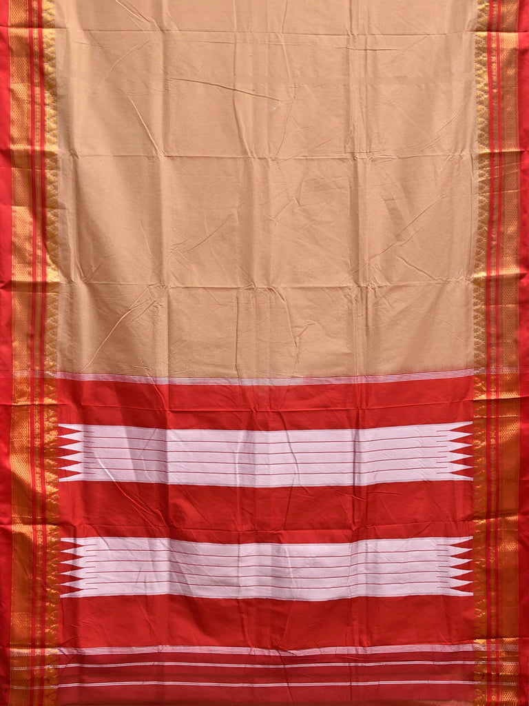 Cream and Red ilkal Viscose Plain Saree with Contrast Pallu and Temple Border Design il0109