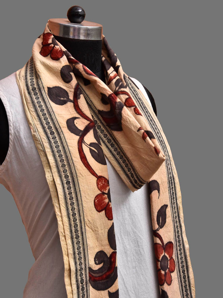 Cream and Red Kalamkari Hand Painted Cotton Handloom Dupatta with Floral Design ds3878