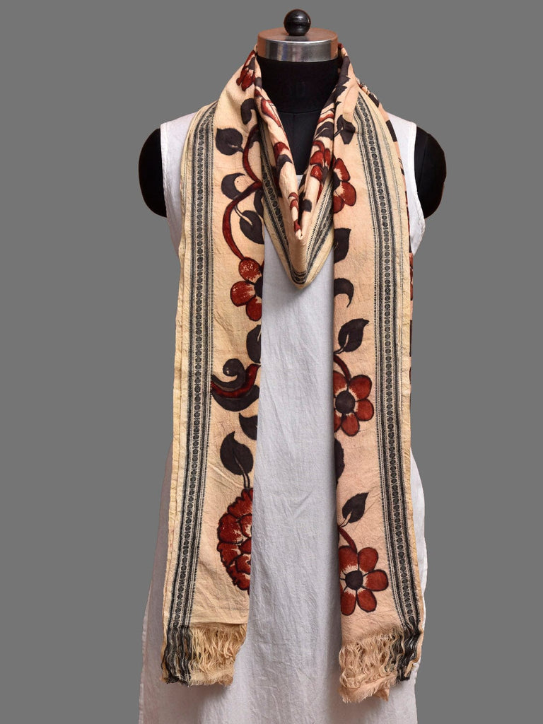 Cream and Red Kalamkari Hand Painted Cotton Handloom Dupatta with Floral Design ds3878