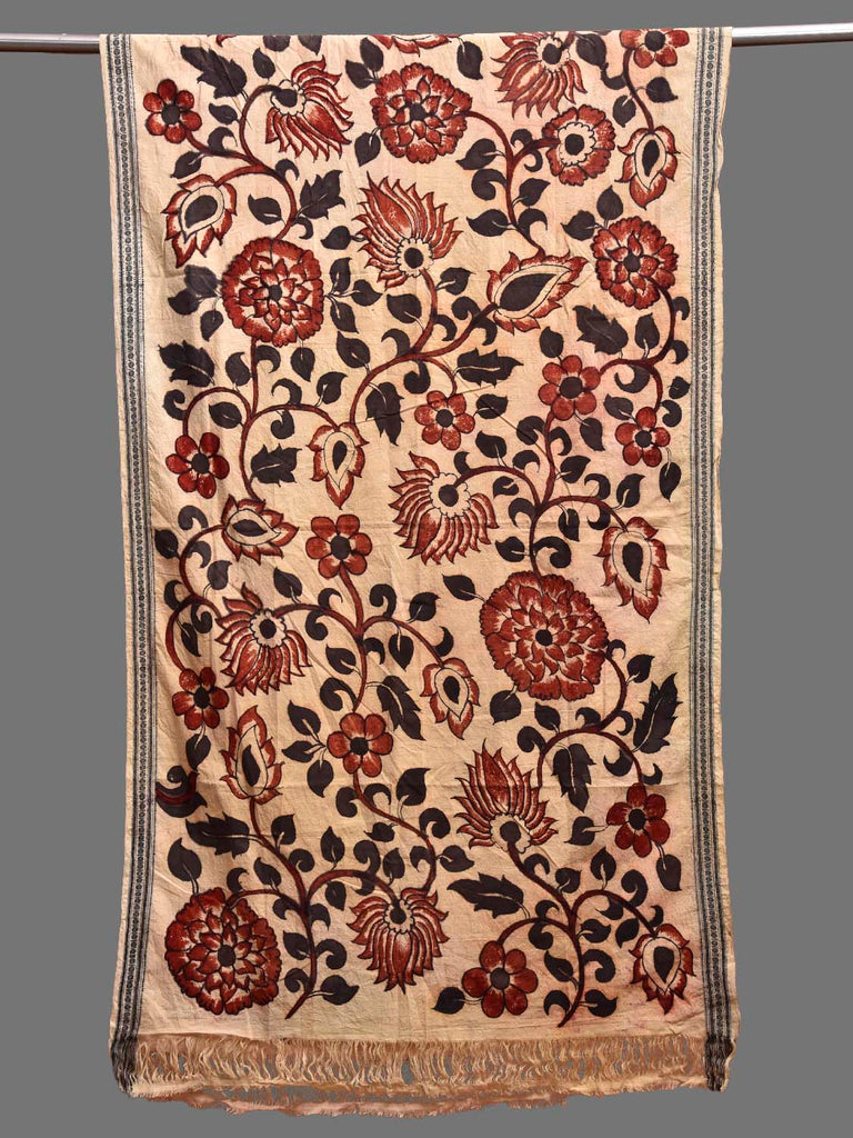 Cream and Red Kalamkari Hand Painted Cotton Handloom Dupatta with Floral Design ds3878