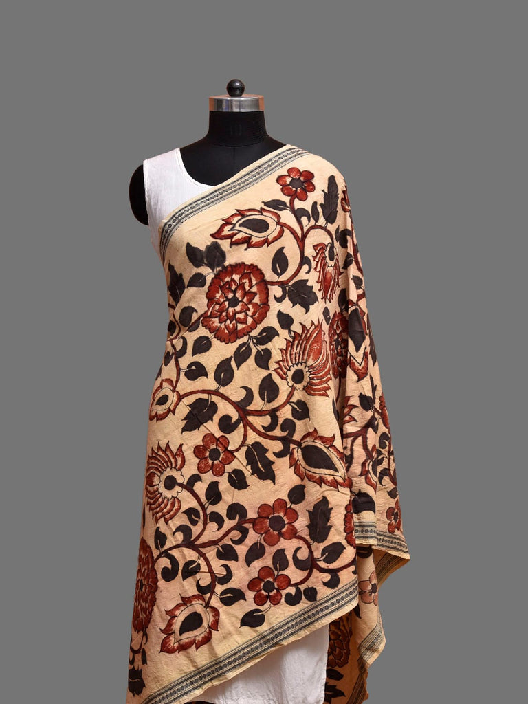 Cream and Red Kalamkari Hand Painted Cotton Handloom Dupatta with Floral Design ds3878