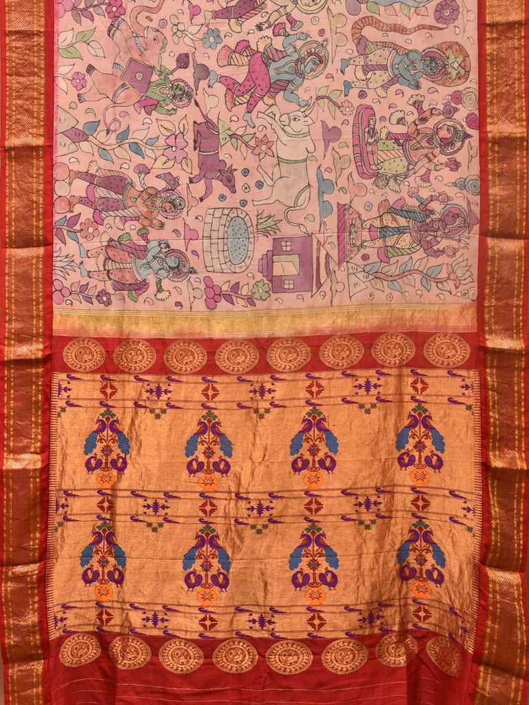 Cream and Red Kalamkari Hand Painted Paithani Silk Handloom Saree with Village Theme Design KL0748