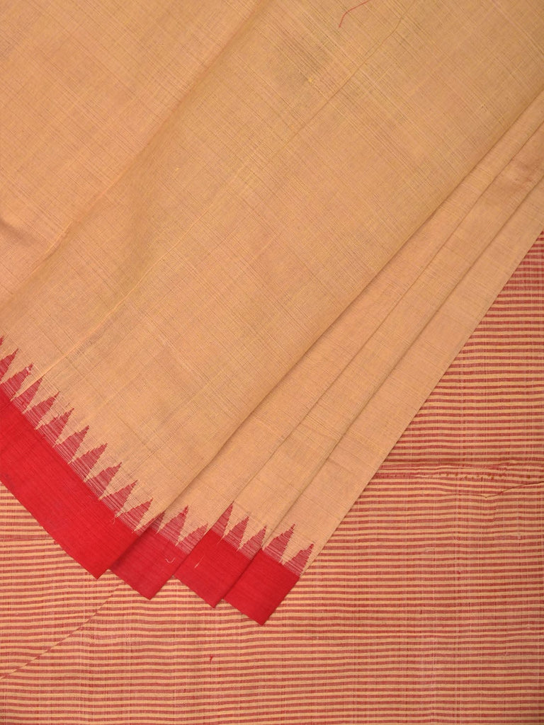 Cream and Red Khadi Cotton Handloom Saree Plain Saree with Strips Pallu Design kh0603