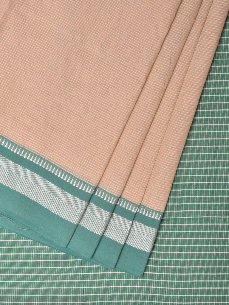 Cream and Turquoise Bamboo Cotton Saree with Strips Design No Blouse bc0240