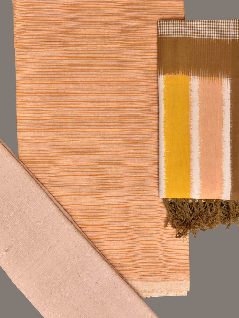 Cream and Yellow Pochampally Ikat Cotton Handloom Dress Material with Top Bottom and Dupatta dm0106