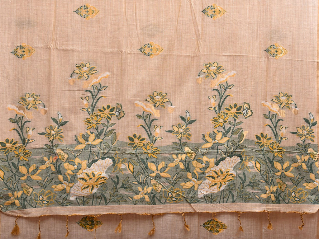 Cream Dhakai Jamdani Cotton Viscose Saree with Body Buta and Floral Pallu Design dj0021