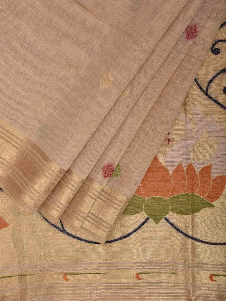 Cream Dhakai Jamdani Cotton Viscose Saree with Lotus Flowers and Birds Pallu Design dj0241