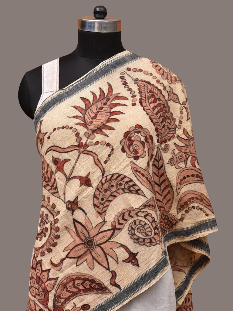 Cream Kalamkari Hand Painted Cotton Bhujodi Handloom Stole with Floral Design ds3505