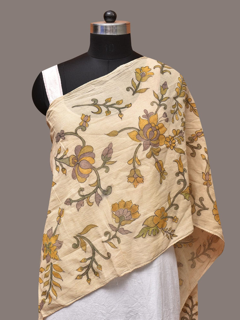 Cream Kalamkari Hand Painted Cotton Handloom Stole with Floral and Birds Design ds3387