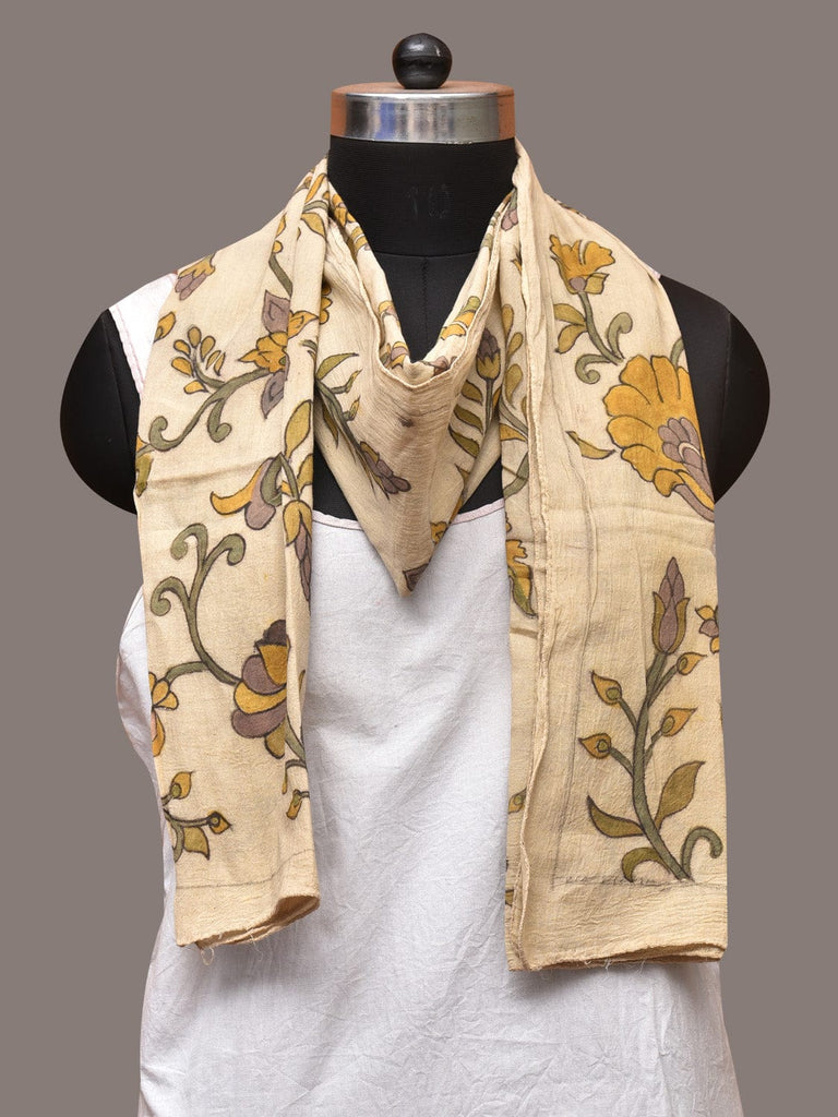 Cream Kalamkari Hand Painted Cotton Handloom Stole with Floral and Birds Design ds3387