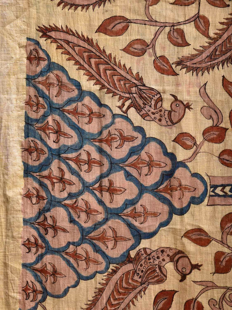 Cream Kalamkari Hand Painted Cotton Linen Saree with Tree of Life and Peacocks Pallu Design KL0804