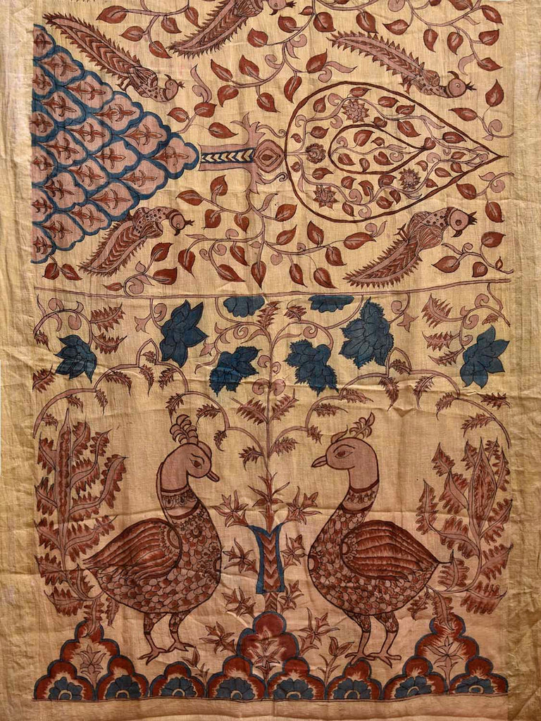 Cream Kalamkari Hand Painted Cotton Linen Saree with Tree of Life and Peacocks Pallu Design KL0804