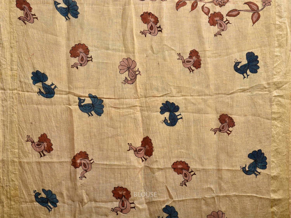 Cream Kalamkari Hand Painted Cotton Linen Saree with Tree of Life and Peacocks Pallu Design KL0804