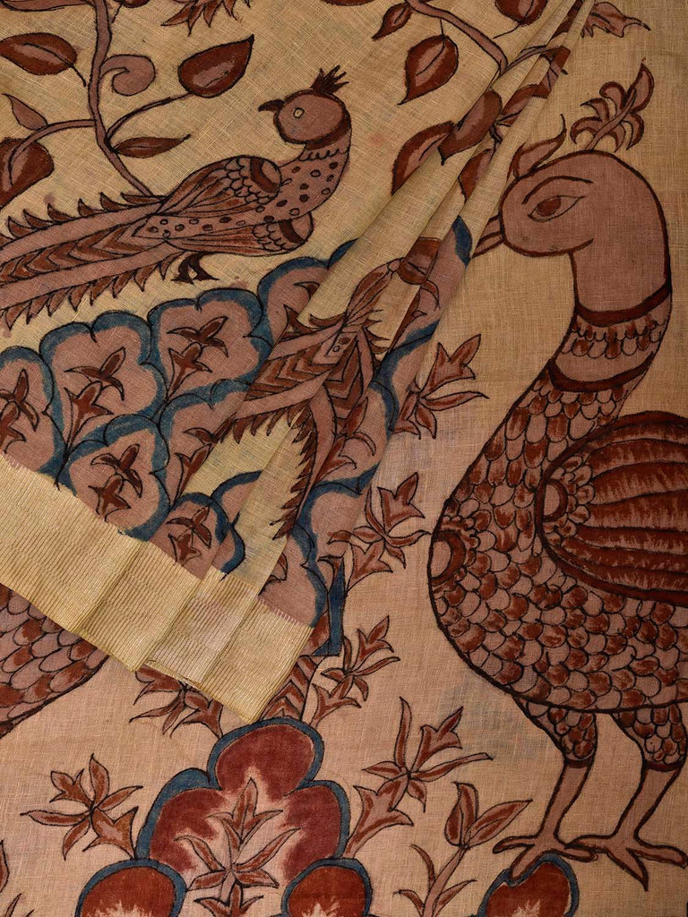 Cream Kalamkari Hand Painted Cotton Linen Saree with Tree of Life and Peacocks Pallu Design KL0804