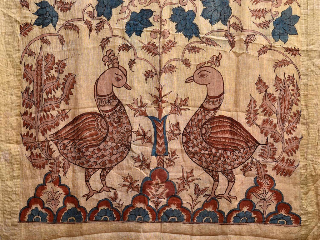 Cream Kalamkari Hand Painted Cotton Linen Saree with Tree of Life and Peacocks Pallu Design KL0804