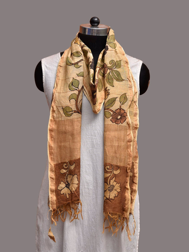 Cream Kalamkari Hand Painted Cotton Silk Dupatta with Floral Design ds3862
