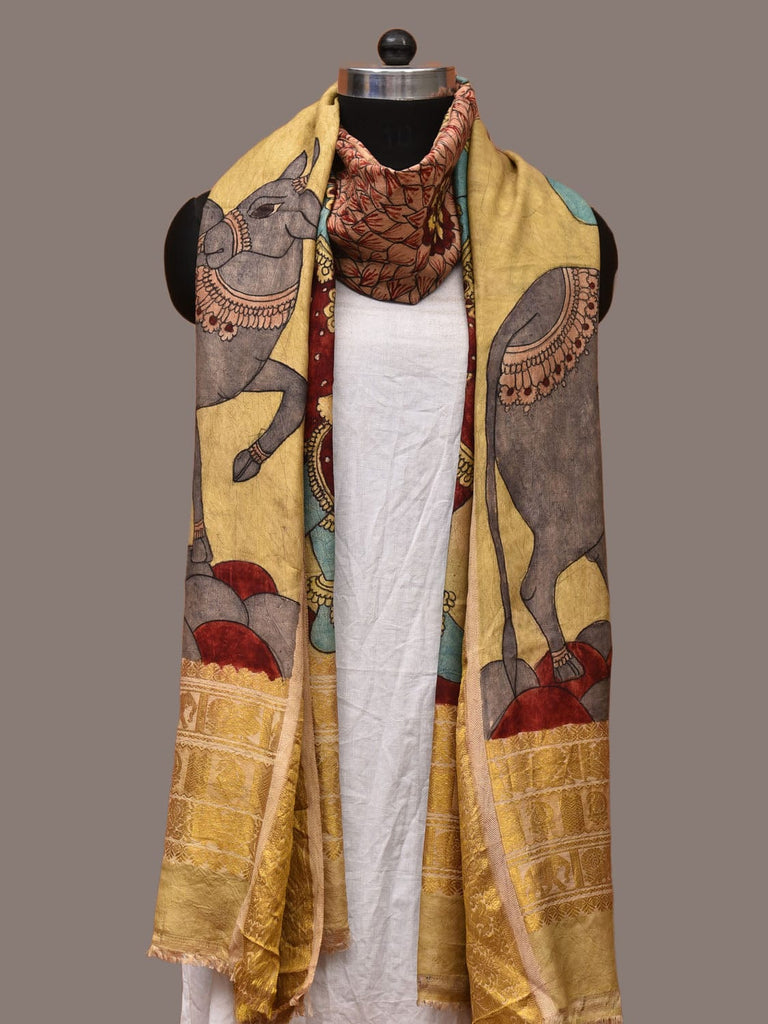 Cream Kalamkari Hand Painted Kanchipuram Silk Handloom Dupatta with Krishna and Cow Design ds3209