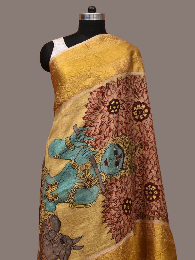 Cream Kalamkari Hand Painted Kanchipuram Silk Handloom Dupatta with Krishna and Cow Design ds3209