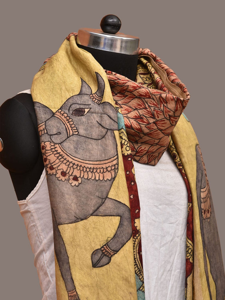 Cream Kalamkari Hand Painted Kanchipuram Silk Handloom Dupatta with Krishna and Cow Design ds3209