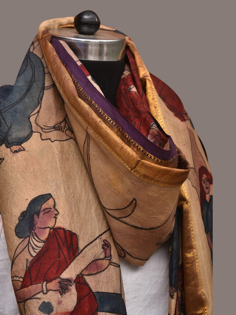 Cream Kalamkari Hand Painted Kanchipuram Silk Handloom Dupatta with Painting Design ds3429