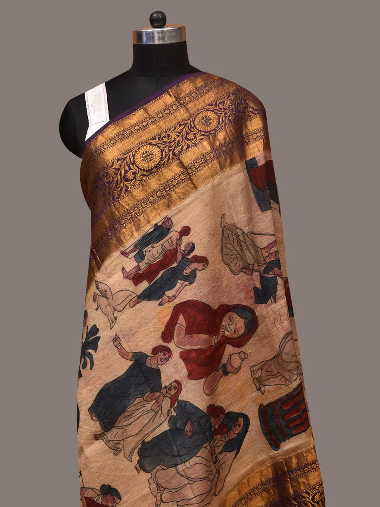 Cream Kalamkari Hand Painted Kanchipuram Silk Handloom Dupatta with Painting Design ds3429