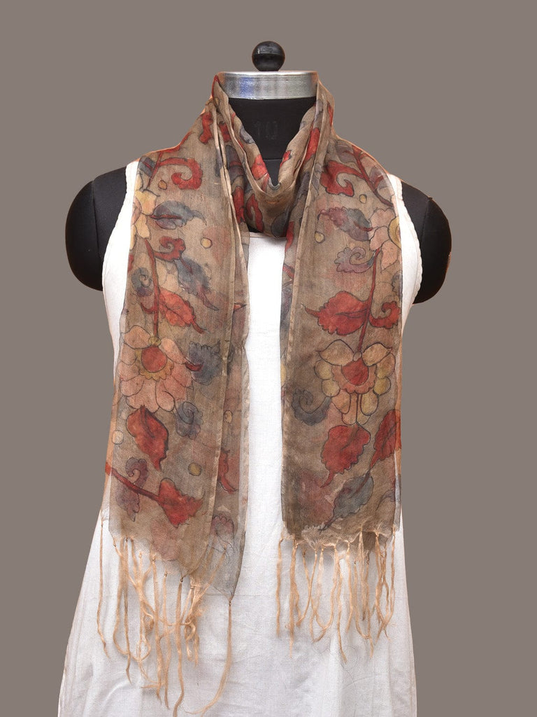 Cream Kalamkari Hand Painted Organza Stole with Floral Design ds3296