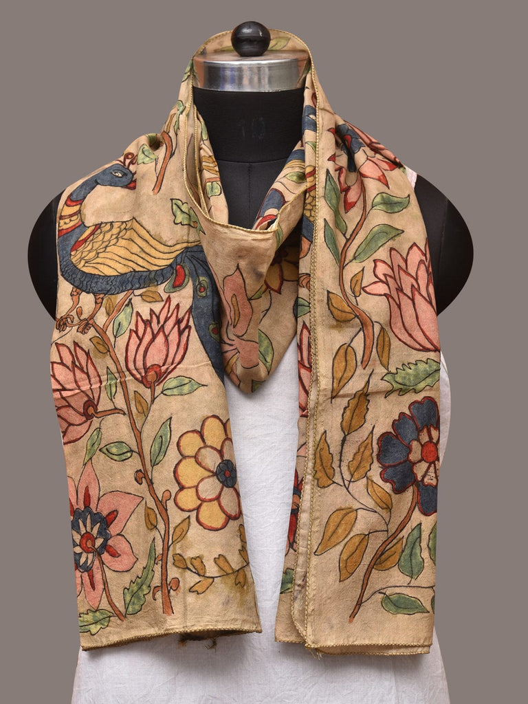 Cream Kalamkari Hand Painted Sico Stole with Floral and Peacocks Design ds3416