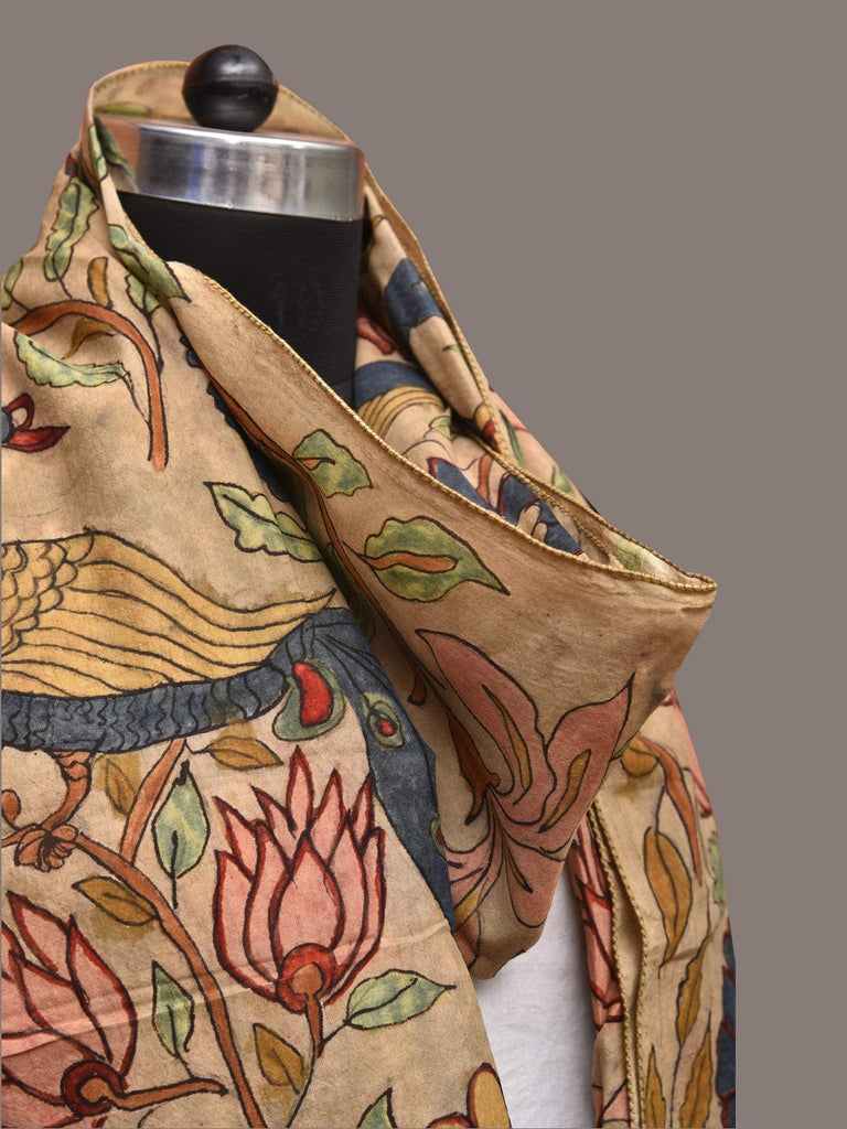 Cream Kalamkari Hand Painted Sico Stole with Floral and Peacocks Design ds3416