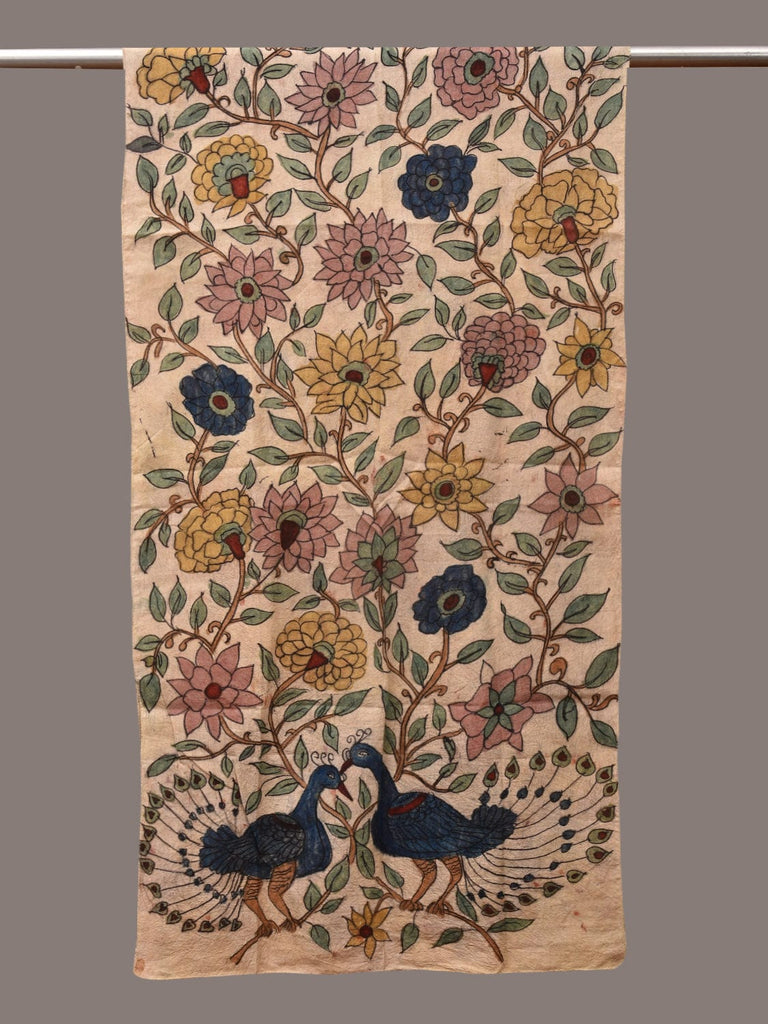 Cream Kalamkari Hand Painted Sico Stole with Floral and Peacocks Design ds3524