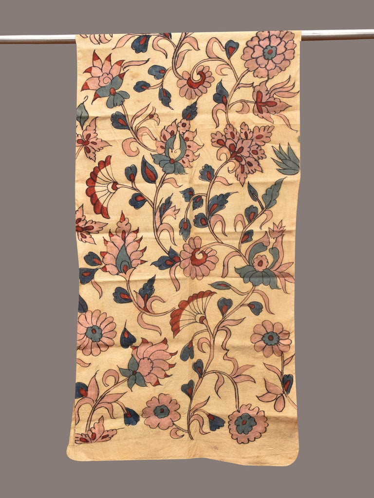 Cream Kalamkari Hand Painted Sico Stole with Floral Design ds3401