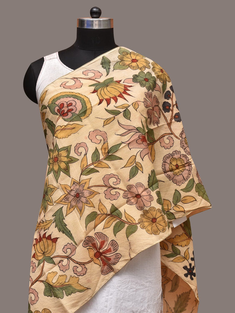 Cream Kalamkari Hand Painted Sico Stole with Floral Design ds3515