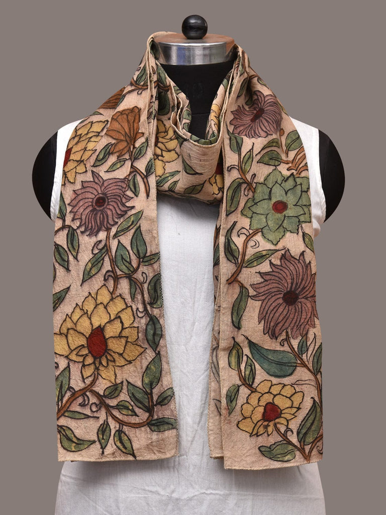 Cream Kalamkari Hand Painted Sico Stole with Floral Design ds3563
