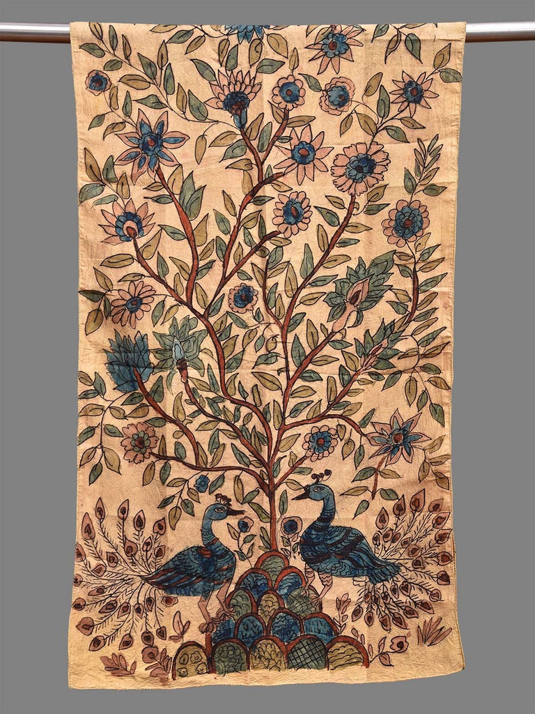 Cream Kalamkari Hand Painted Sico Stole with Tree of Life Design ds3717