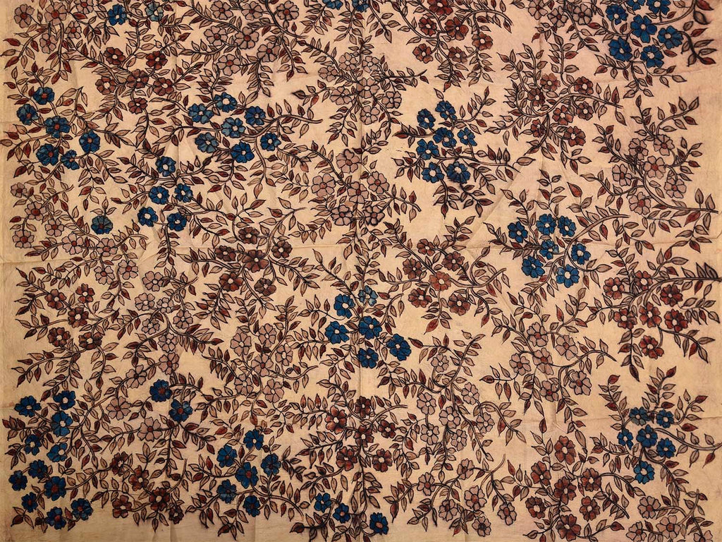Cream Kalamkari Hand Painted Silk Saree with Lotus Flowers Design KL0806