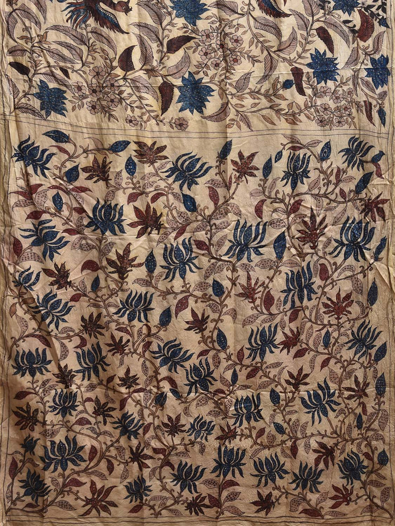 Cream Kalamkari Hand Painted Silk Saree with Lotus Flowers Design KL0806