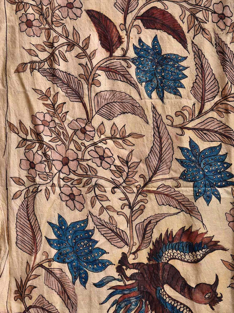 Cream Kalamkari Hand Painted Silk Saree with Lotus Flowers Design KL0806