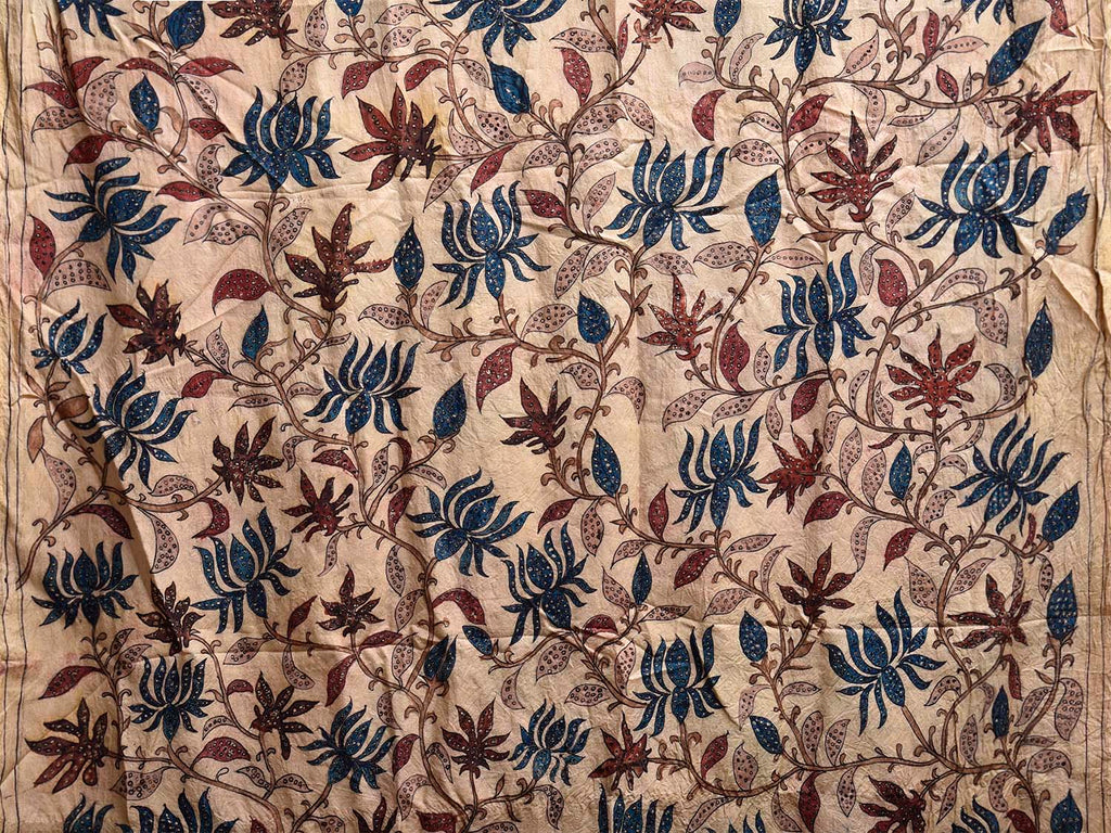 Cream Kalamkari Hand Painted Silk Saree with Lotus Flowers Design KL0806
