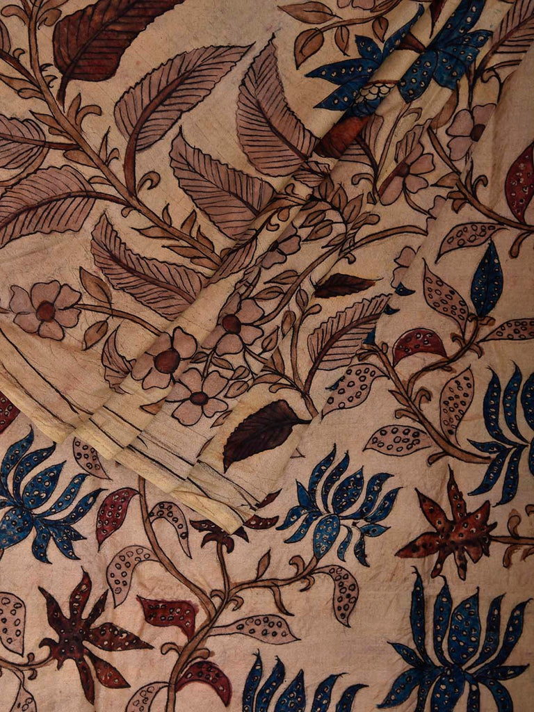 Cream Kalamkari Hand Painted Silk Saree with Lotus Flowers Design KL0806