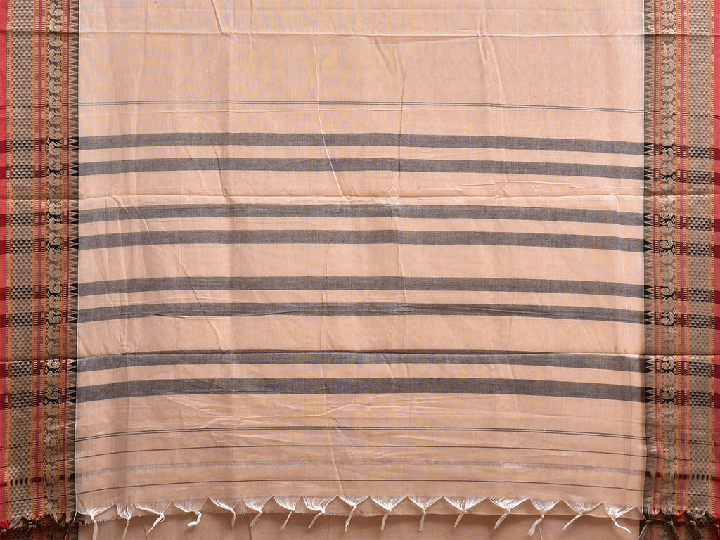 Cream Narayanpet Cotton Plain Saree with Kanchi Border and Strips Pallu Design No Blouse np1369