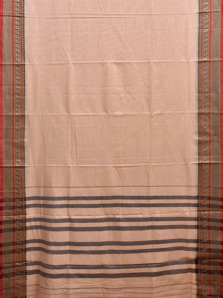 Cream Narayanpet Cotton Plain Saree with Kanchi Border and Strips Pallu Design No Blouse np1369