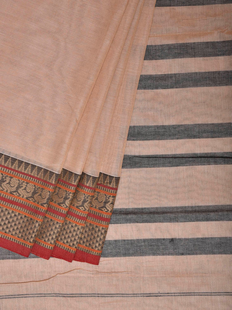 Cream Narayanpet Cotton Plain Saree with Kanchi Border and Strips Pallu Design No Blouse np1369
