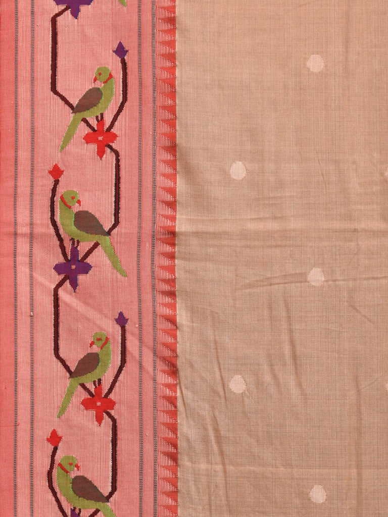 Cream Paithani Cotton Handloom Saree with Mango Pallu and Parrot Border Design p0494