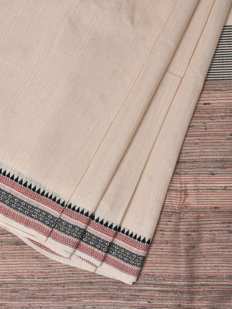 Cream Tussar Handloom Saree with Strips Pallu and Border Design o0424