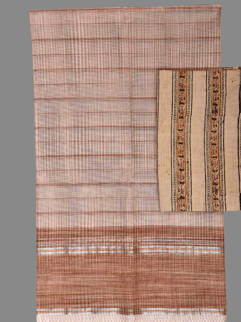 Cream Venkatagiri Cotton Saree with Strips Design and Kalamkari Blouse v0309
