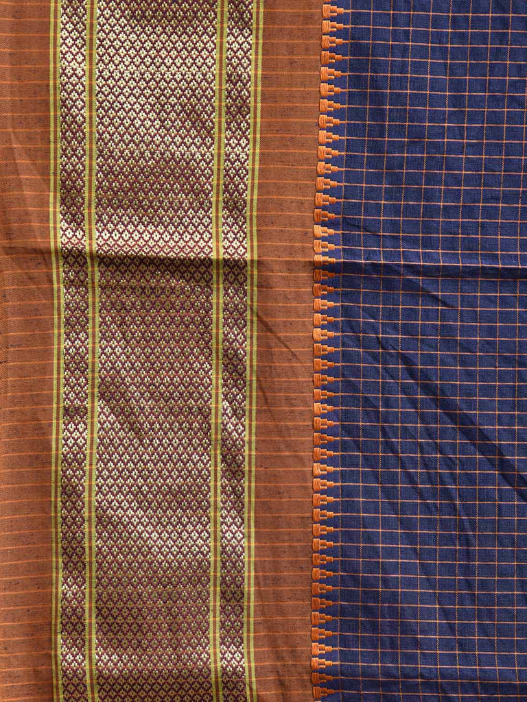 Dark Blue and Mustard Bamboo Cotton Saree with Checks Design No Blouse bc0780