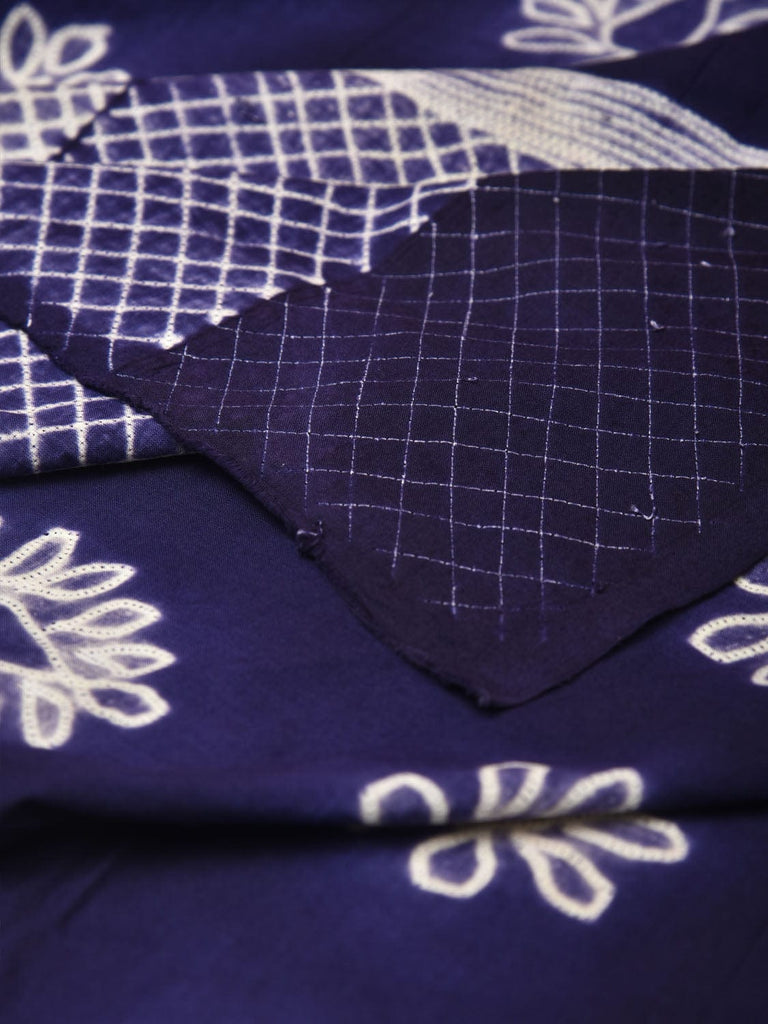 Dark Blue Shibori Cotton Handloom Fabric with Floral and Checks Design f0246